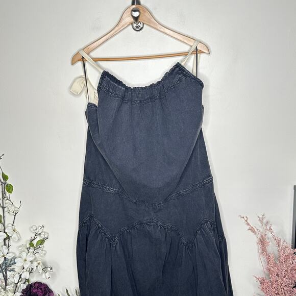 FREE PEOPLE In The Market Maxi Dress Denim Washed Black Sz L {3Y1} - Picture 3 of 8